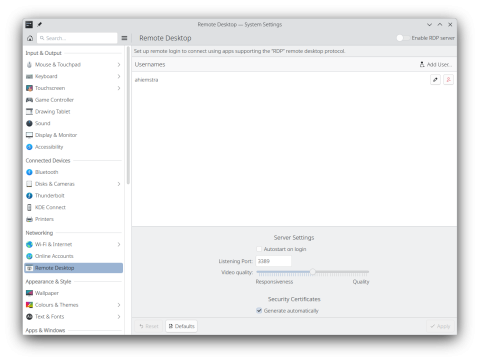 Remote Desktop KCM in System Settings