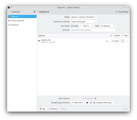 System Settings showing the Keyboard settings page with Union