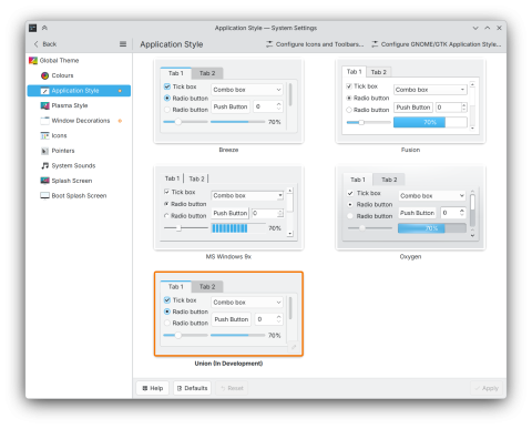 A screenshot of Plasma System Settings' Application Style page showing the Union application style selected.