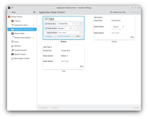 A screenshot of Plasma System Settings showing the in-development Union style selection page.