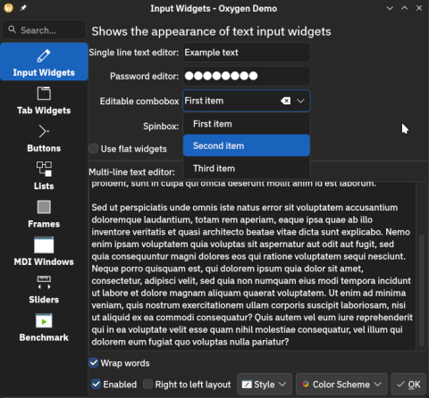 A screenshot of the Oxygen Demo application showcasing progress on the Qt Widgets style.